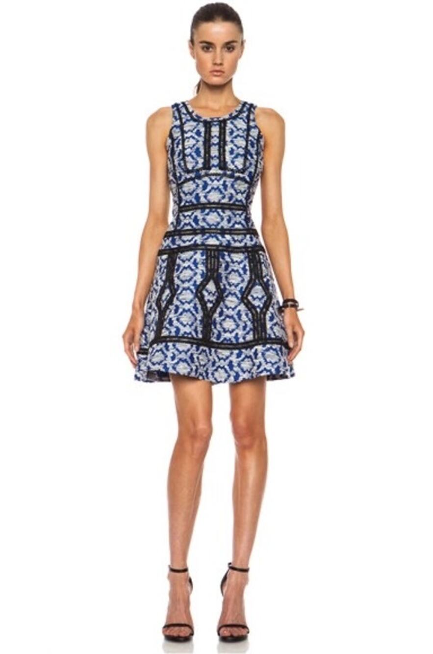 Diane von Furstenberg Margot Flounce Fit Flare Blue Diamond Jacquard Dress 12